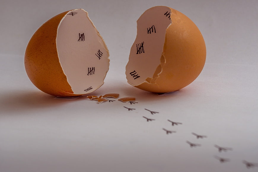 Cracked Brown Eggshell With Tally Marks On White Background