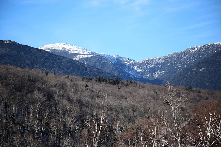 Snow-Capped Mountains Rising Above Bare Winter Forest