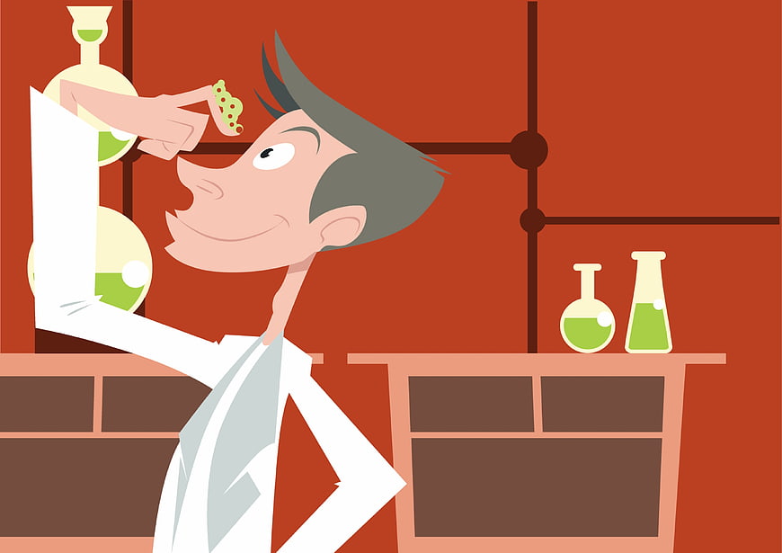 Cartoon Scientist Examining Caterpillar in Laboratory