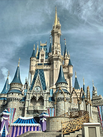 Cinderella Castle at Walt Disney World with Blue Spires and Gold Accents