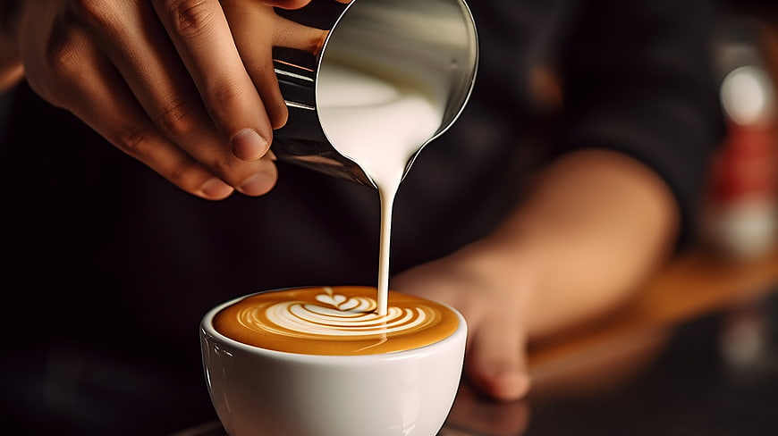 Barista pouring steamed milk into coffee cup for latte art
