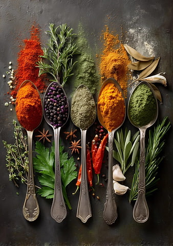 Vibrant Spices and Herbs Arranged in Antique Silver Spoons