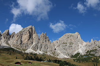 Dramatic Dolomite Mountain Peaks with Alpine Pastures and Chalets