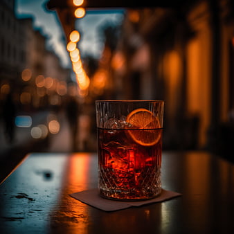 Negroni cocktail with orange slice on outdoor table at dusk