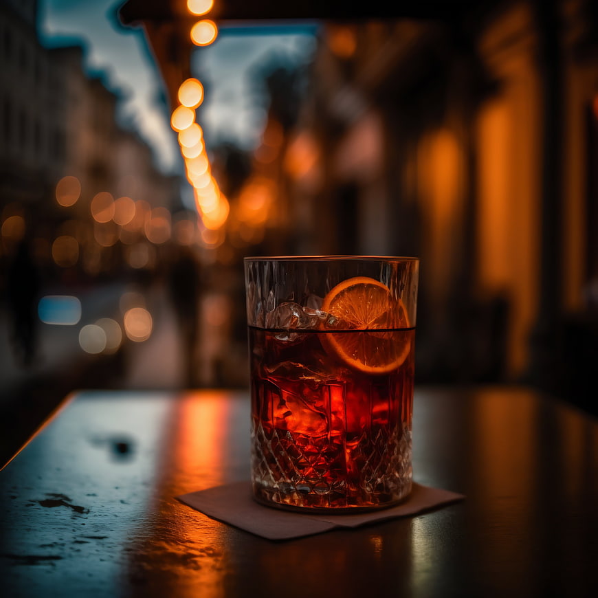 Negroni cocktail with orange slice on outdoor table at dusk