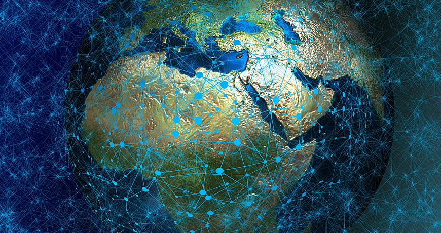 Digital Network Overlay On Globe Of Africa And Europe