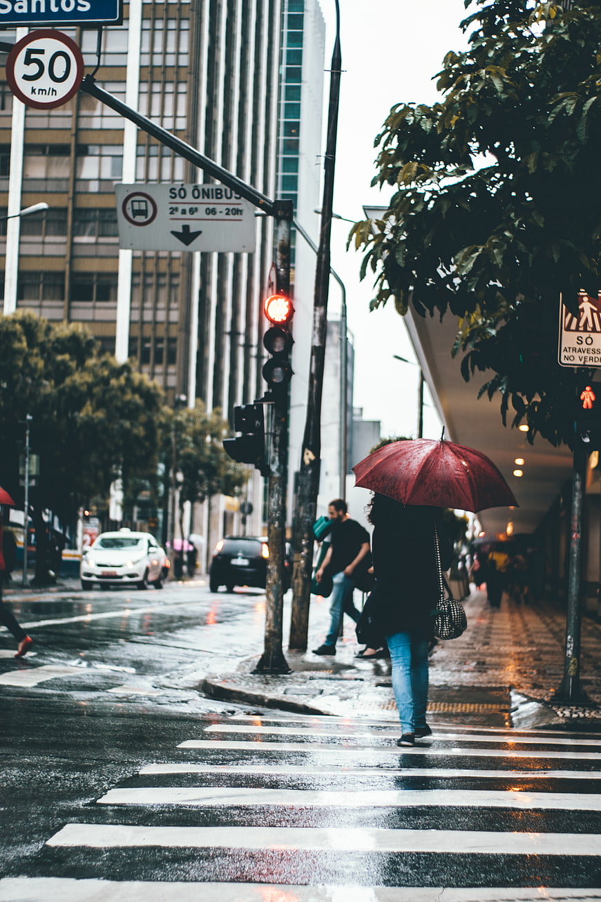 Woman with Red Umbrella Crossing Wet City Street