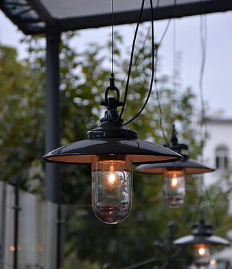 Vintage Black Pendant Lamp with Edison Bulb Hanging Outdoors