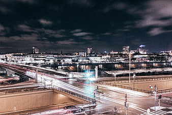Night cityscape with long exposure traffic light trails