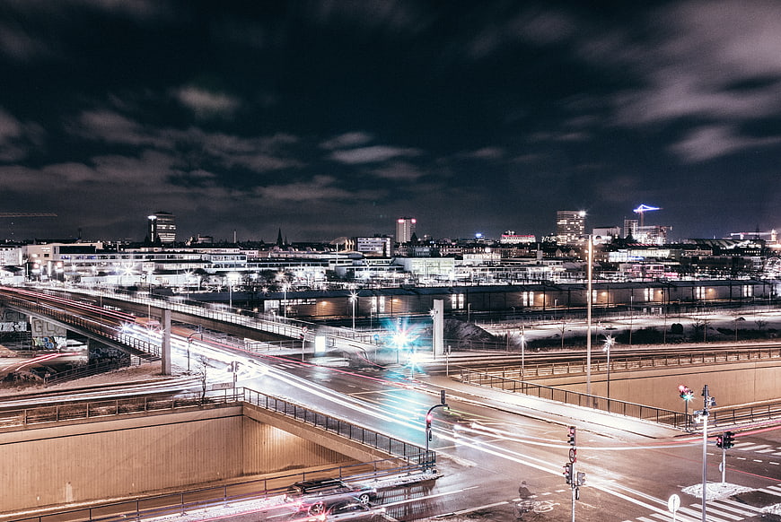 Night cityscape with long exposure traffic light trails
