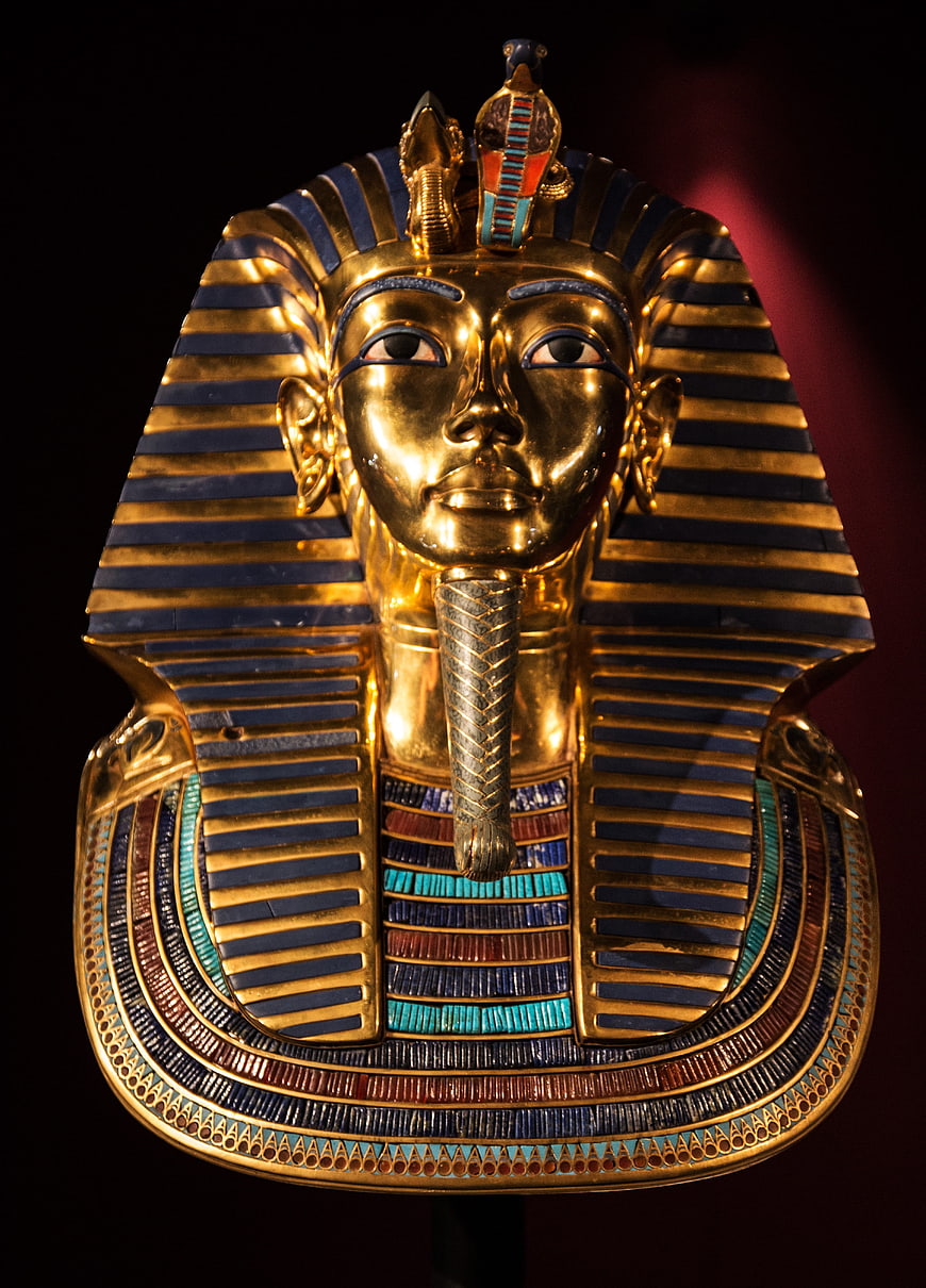 Golden Death Mask of Tutankhamun with Blue and Gold Details