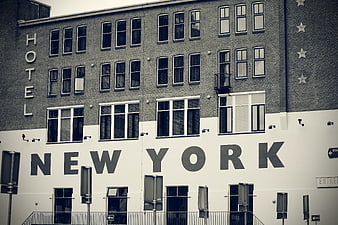 Black and white photo of New York Hotel facade
