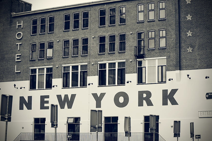 Black and white photo of New York Hotel facade