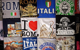 Assorted Italy and Rome souvenir t-shirts display