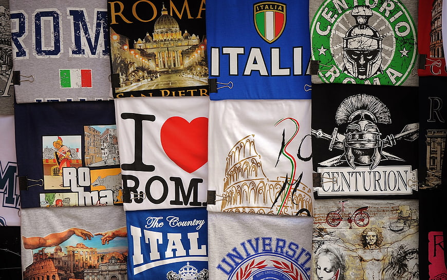 Assorted Italy and Rome souvenir t-shirts display