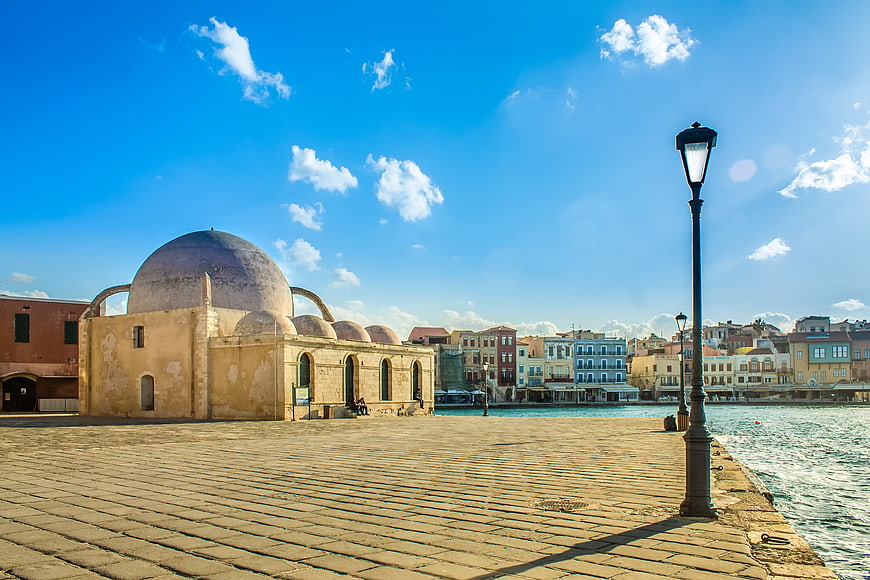 Historic Venetian Mosque and Harbor in Chania, Crete, Greece
