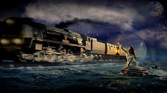 Surreal Dream Scene Woman On Suitcase In Ocean With Steam Train
