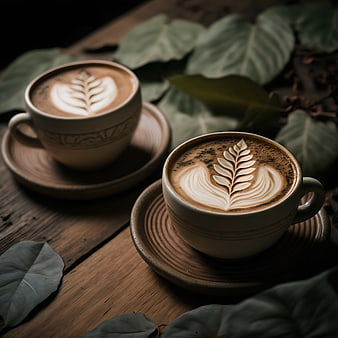 Two Cups of Cappuccino with Latte Art on Wooden Table