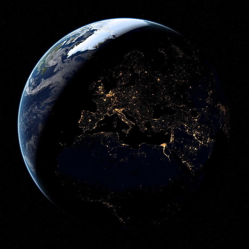 Earth from Space Showing Europe City Lights at Night