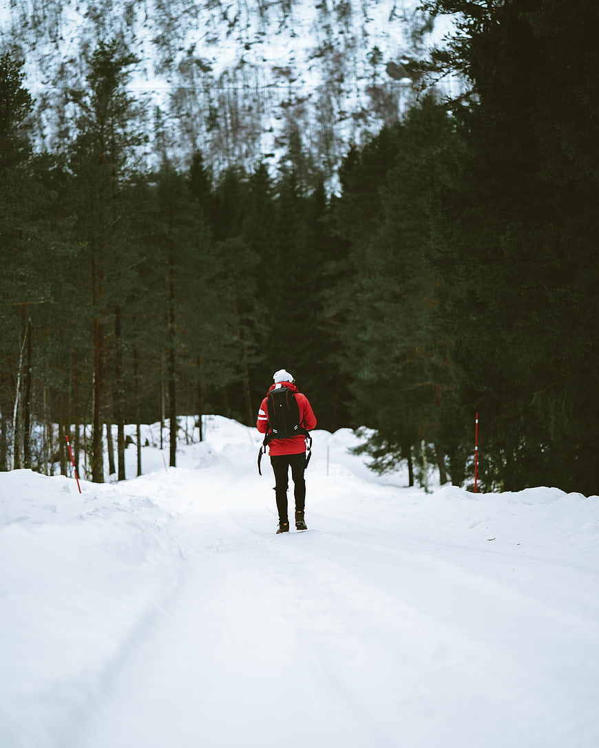 Hiker in Red Jacket Walking on Snowy Forest Trail