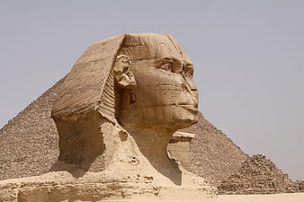 Close-up of the Great Sphinx of Giza with Pyramids in Background