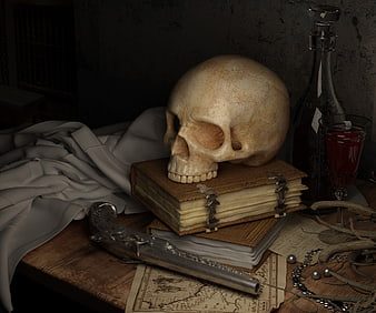 Dark Vanitas Still Life with Skull, Old Books, and Flintlock Pistol