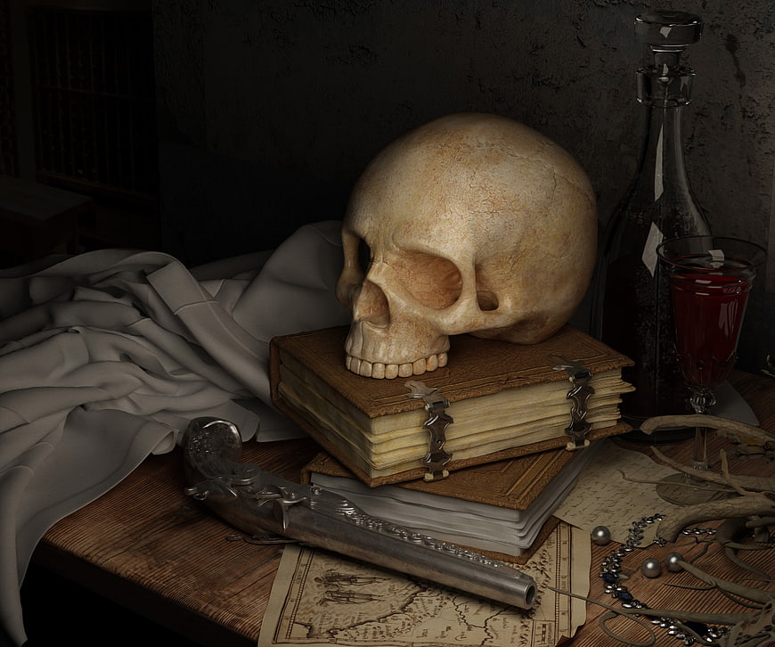 Dark Vanitas Still Life with Skull, Old Books, and Flintlock Pistol