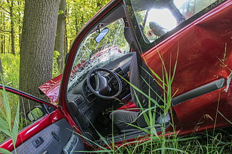 Red car crashed into tree with shattered windshield