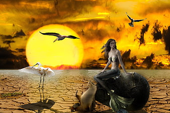 Fantasy mermaid on cracked earth during drought with birds