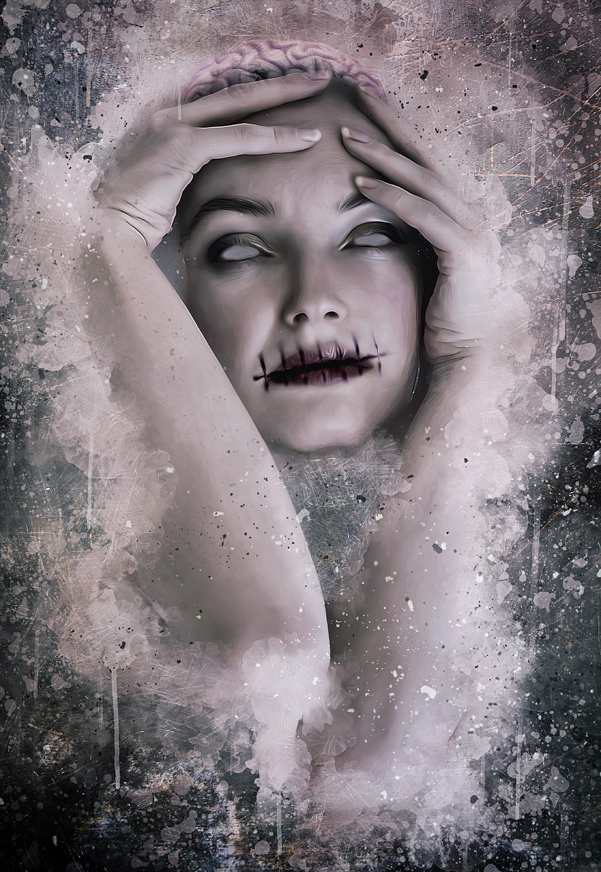 Surreal horror portrait of woman with stitched mouth and exposed brain