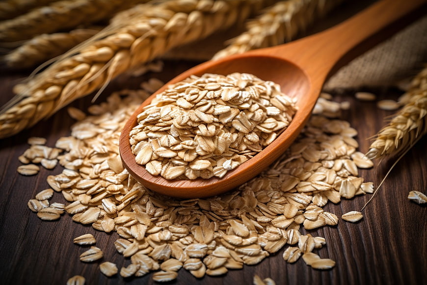 Rolled Oats in Wooden Spoon on Dark Wood Background