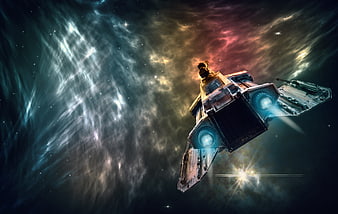 Futuristic spaceship flying through a colorful cosmic nebula