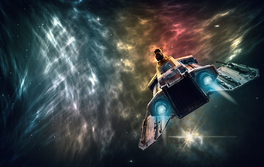 Futuristic spaceship flying through a colorful cosmic nebula