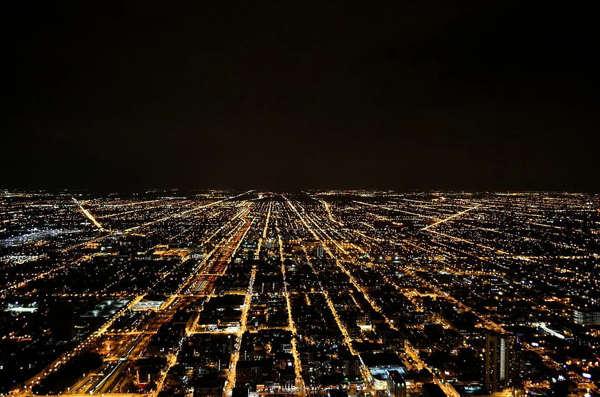Aerial Night View of Chicago City Grid Lights