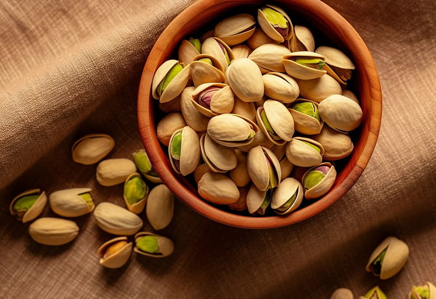 Top View of Shelled Pistachios in a Wooden Bowl