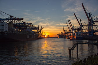 Container Port Sunset with MSC Ship and Cranes