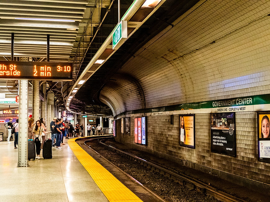 Boston Government Center Subway Station Platform with Commuters