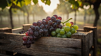 Fresh Red and Green Grapes in Rustic Wooden Crate