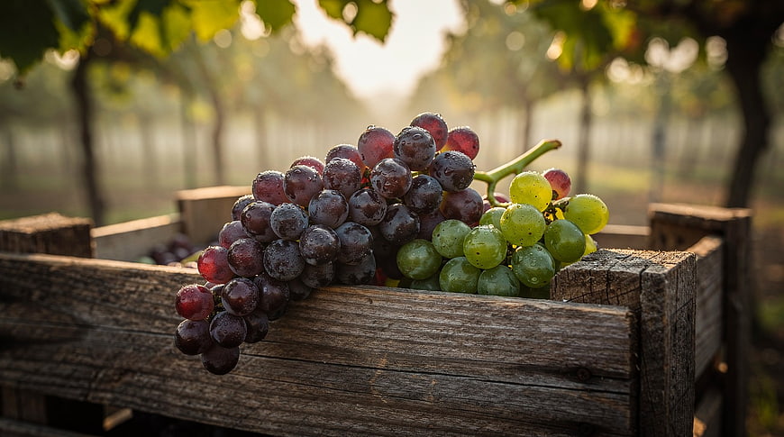 Fresh Red and Green Grapes in Rustic Wooden Crate