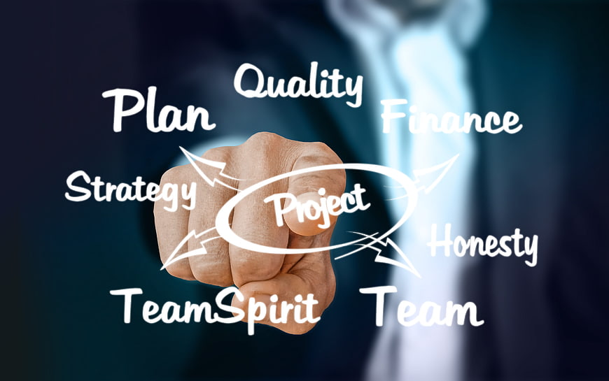 Businessman fist touching glass with project strategy and team concept words