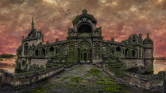 Surreal Fantasy Castle with Overgrown Vegetation and Dramatic Sky