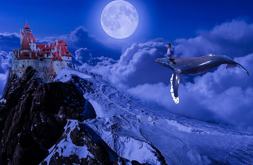 Fantasy castle on snowy mountain with flying whale and moon