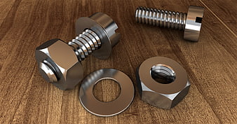 3D Rendered Metal Bolts, Nuts, and Washers on Wood