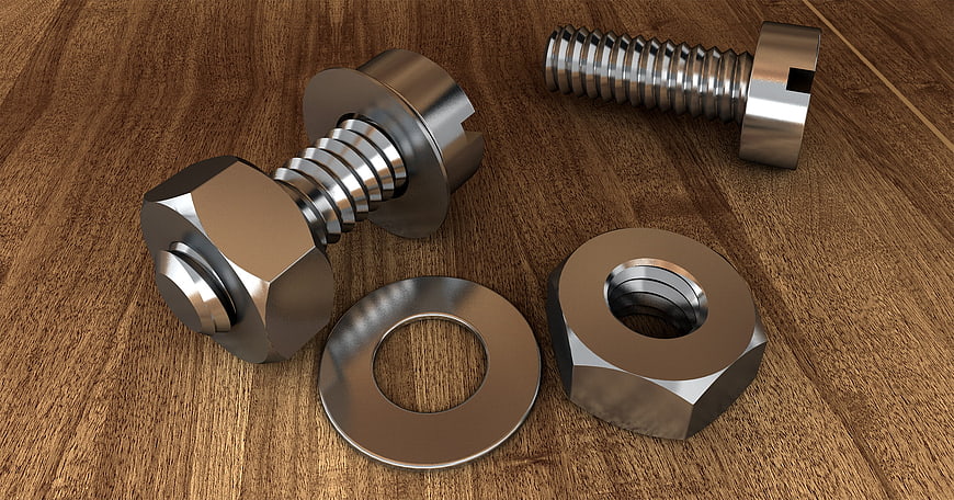 3D Rendered Metal Bolts, Nuts, and Washers on Wood