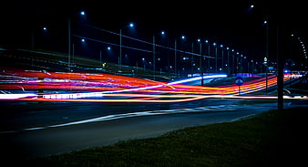 Long Exposure Night Traffic Light Trails on City Highway