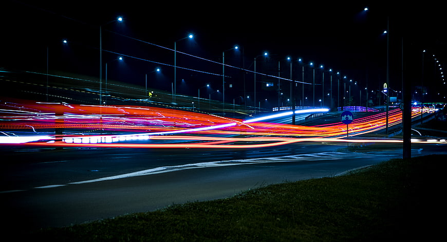 Long Exposure Night Traffic Light Trails on City Highway