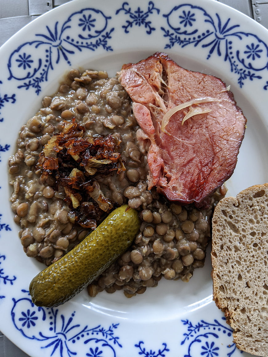 Traditional Czech Lentil Stew with Smoked Meat and Bread