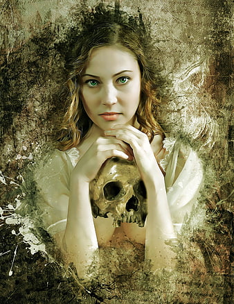 Gothic Fantasy Portrait of Young Woman Holding Skull