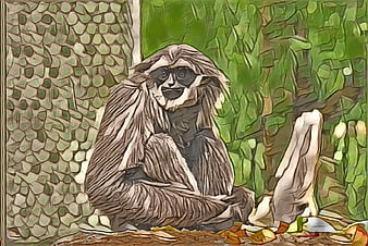 Artistic illustration of a sitting gibbon primate