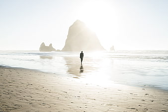 Silhouette of Man Walking on Beach Towards Sea Stack